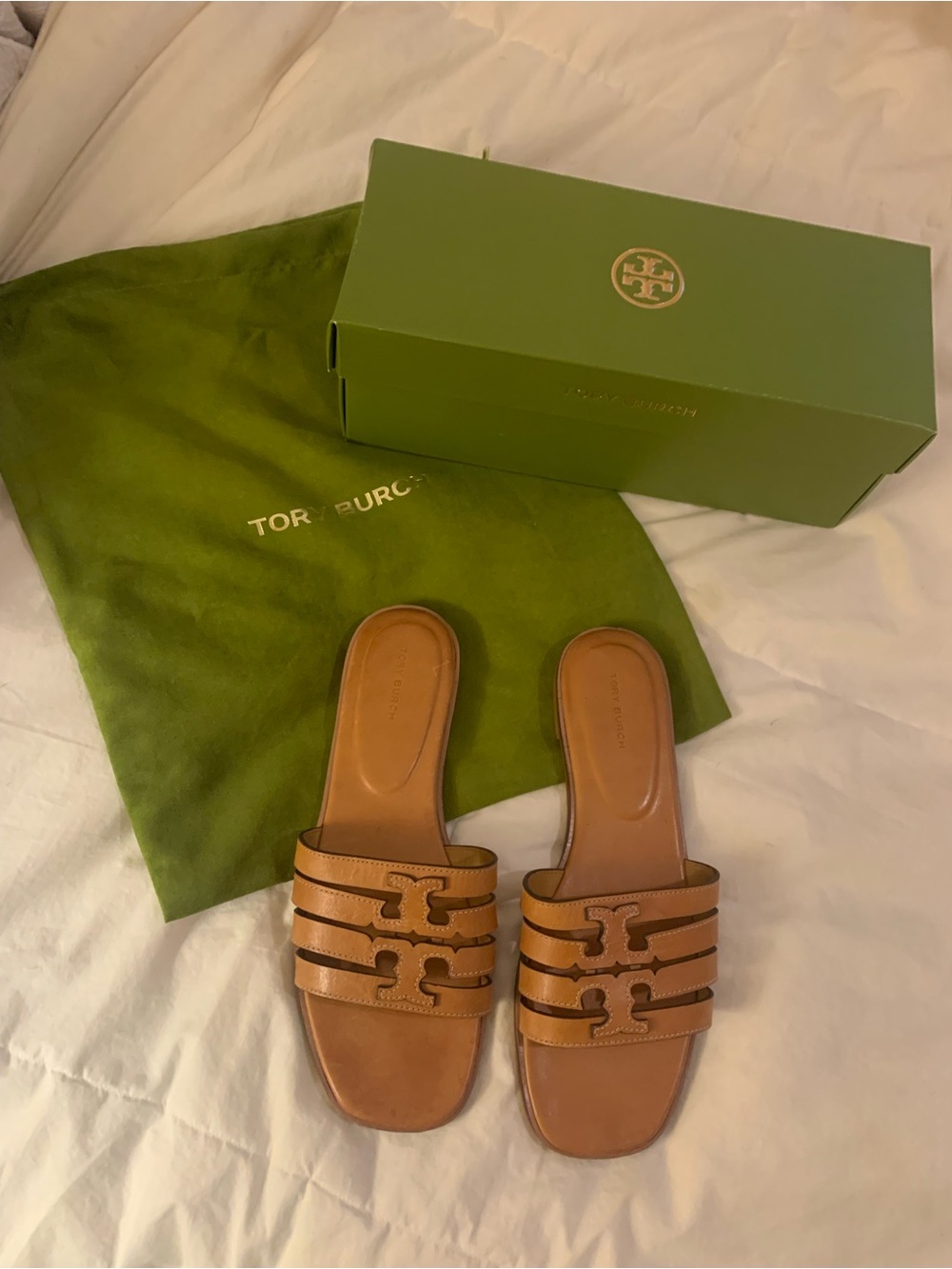 Tory Burch Tan Triple-Strap Leather Slide Mules